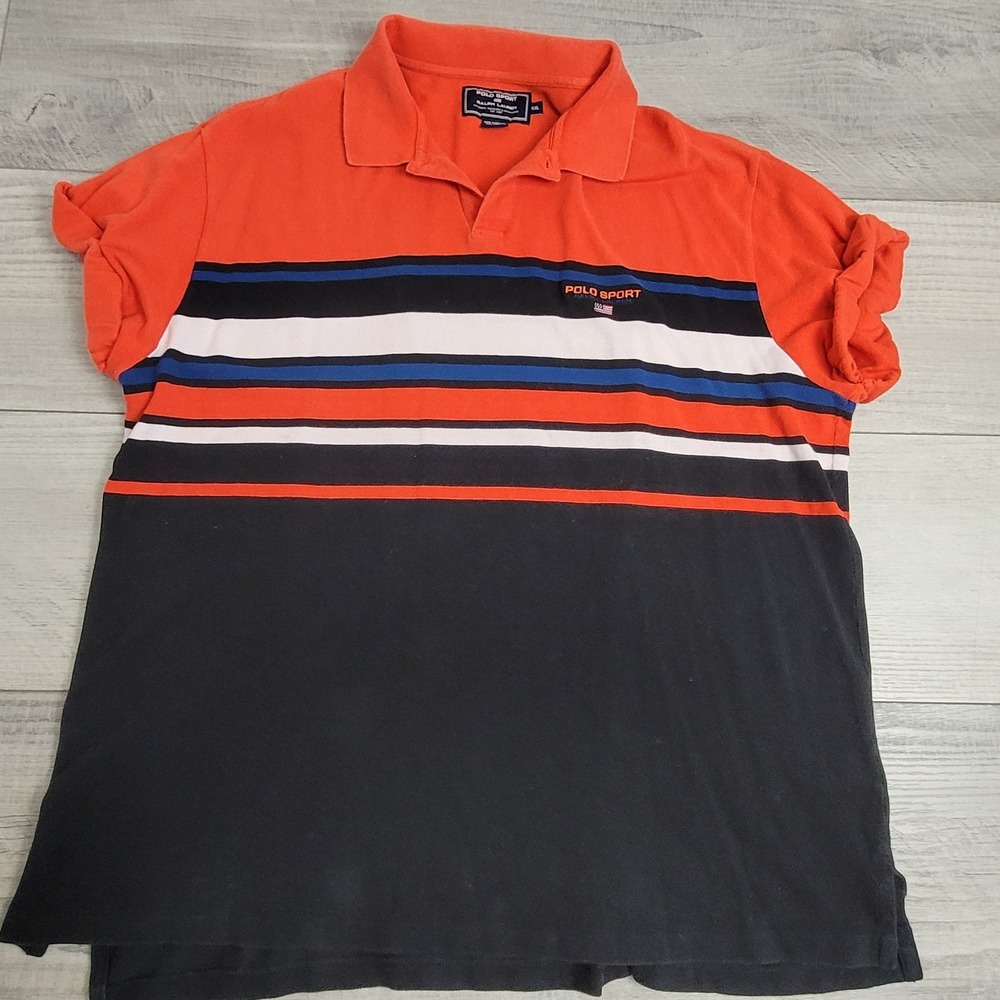 🧡 Vintage POLO SPORT Ralph Lauren Shirt Mens XXL Striped Short Sleeve Rugby 90